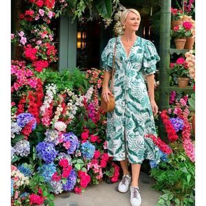 NWT H&M Johanna Ortiz White Green Leaf Linen Blend Dress Sz Large Tropical